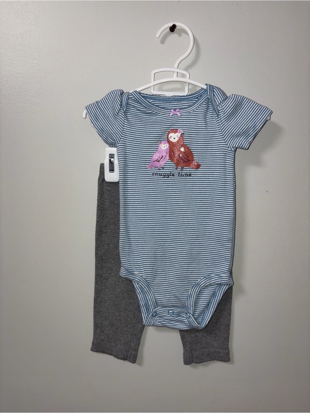 Carters Blue Striped Owl Graphic Snuggle Time Body Suit & Gray Pants Set 6M